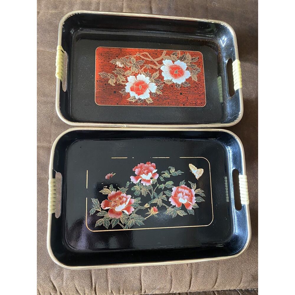 Two Plastic Japanese 10 1/2” Floral Both Different Wrapped Handle Trays